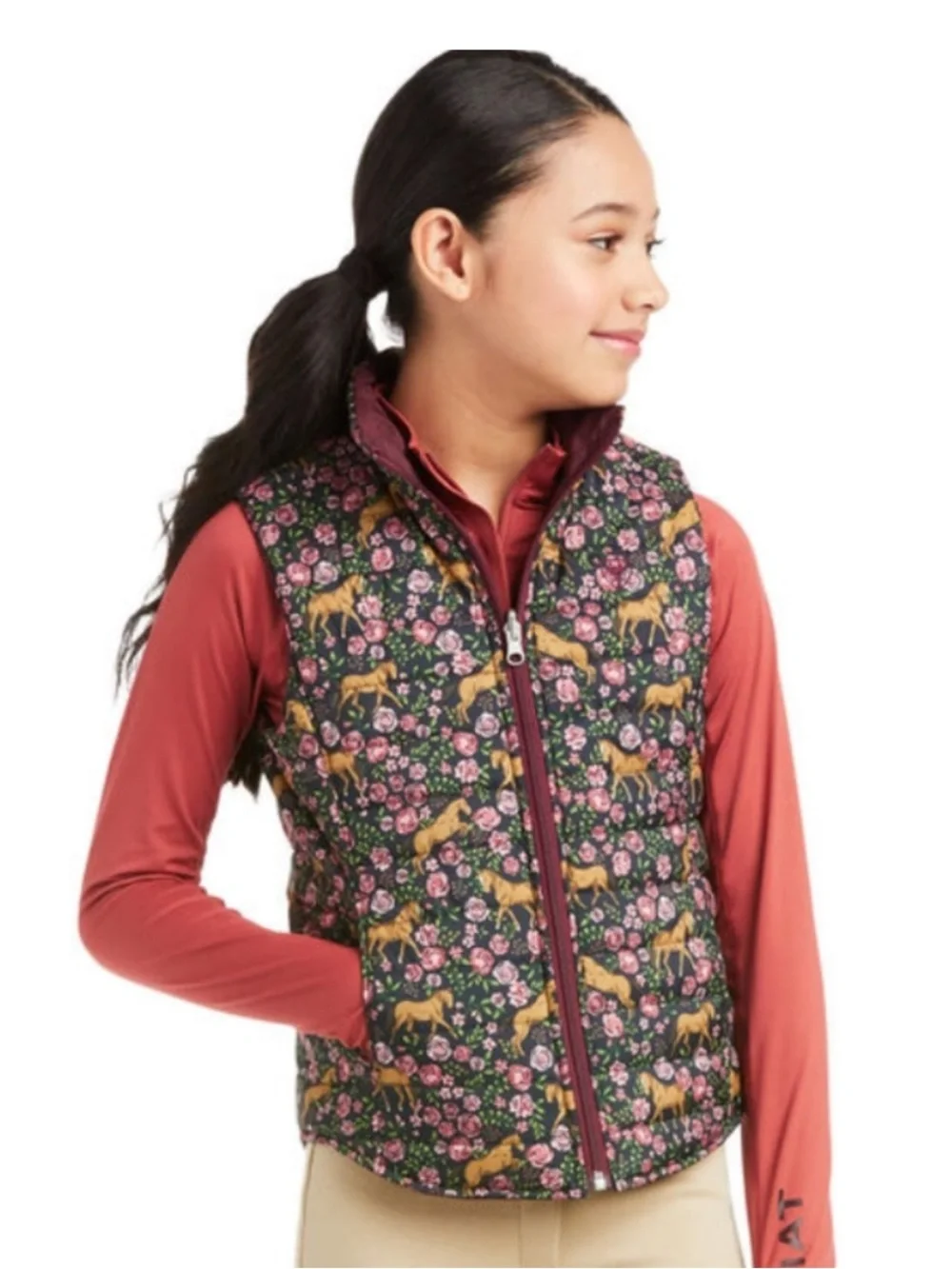 Ariat Girls Reversible Floral Horse Puffer Vest Burgundy Black Size Medium